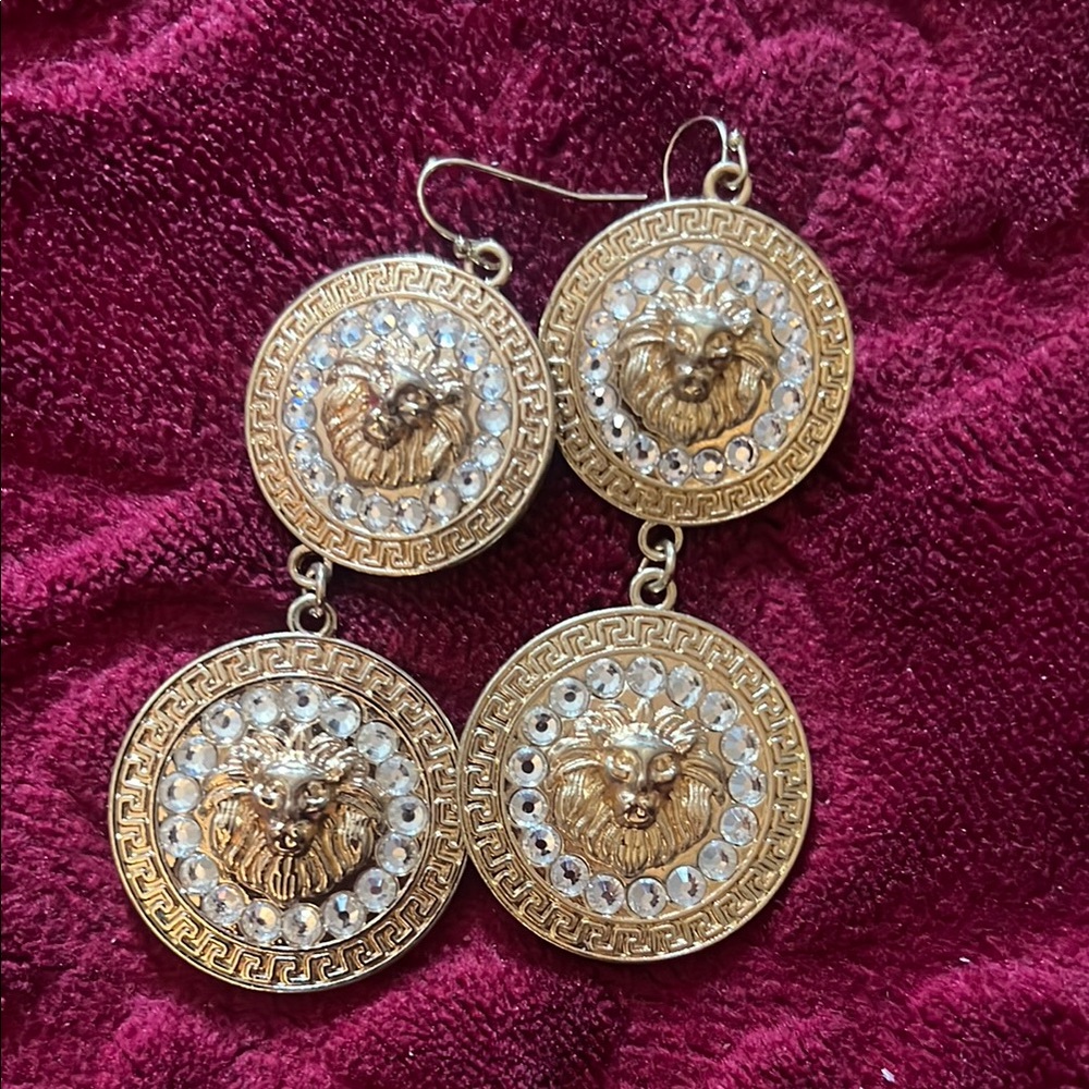 Gold and Silver Lion Medallion Earrings
